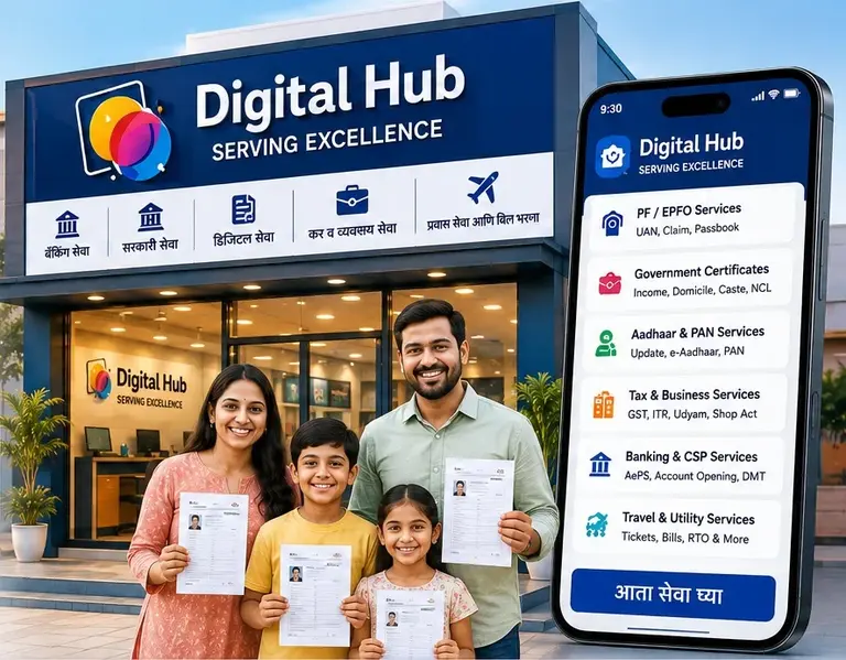 Digital Hub service centre with a satisfied family and mobile service interface